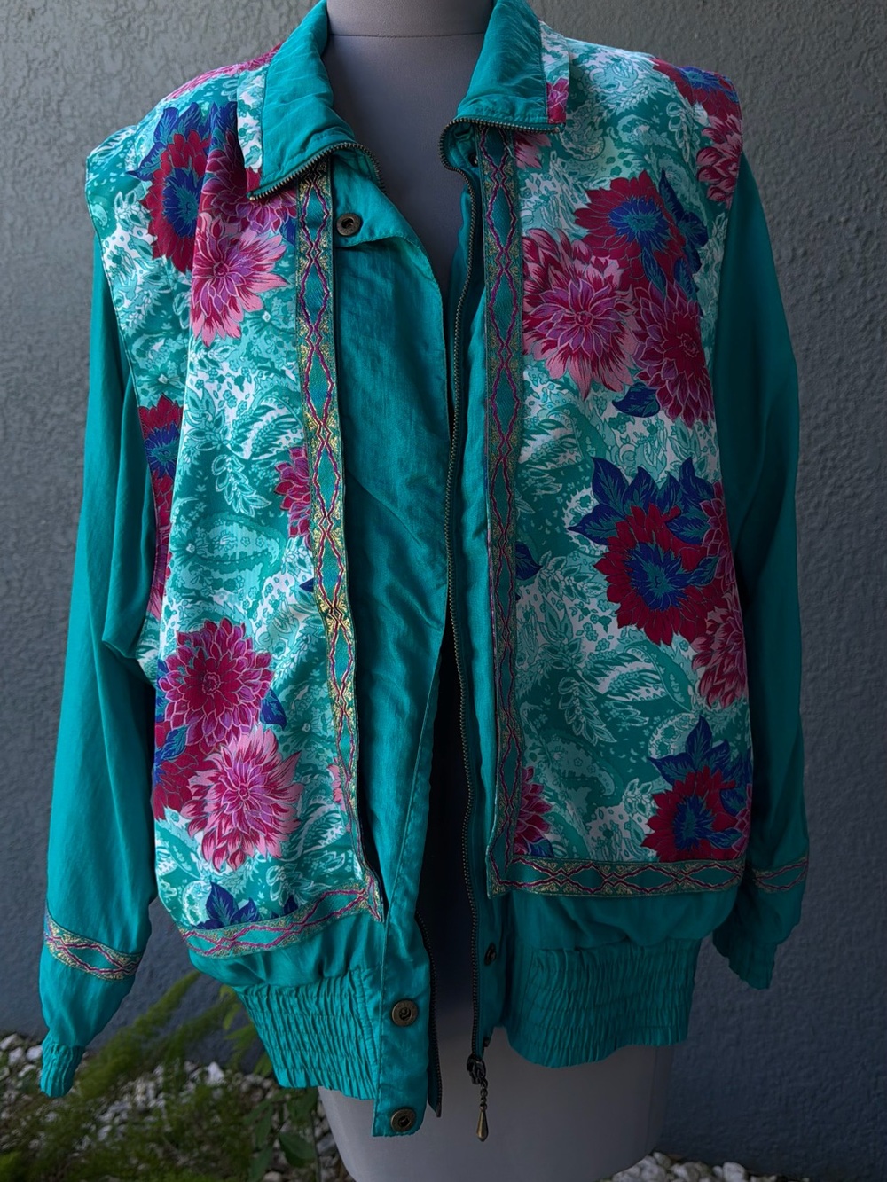 Vintage Teal Floral Bomber Jacket with Pink & Blue Accents
